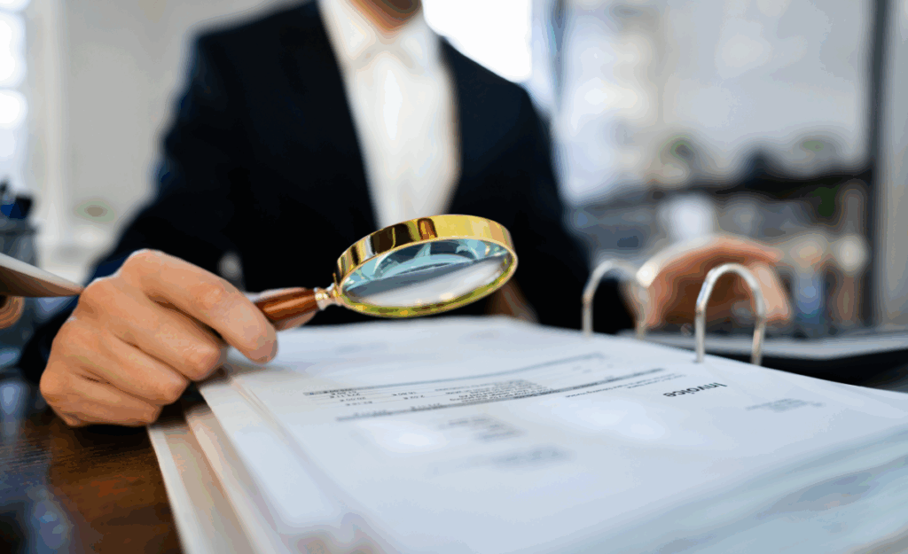 Photo d'une personne tenant une loupe pour vérifier les données d'un audit fiscal réalisé avec Cemafa