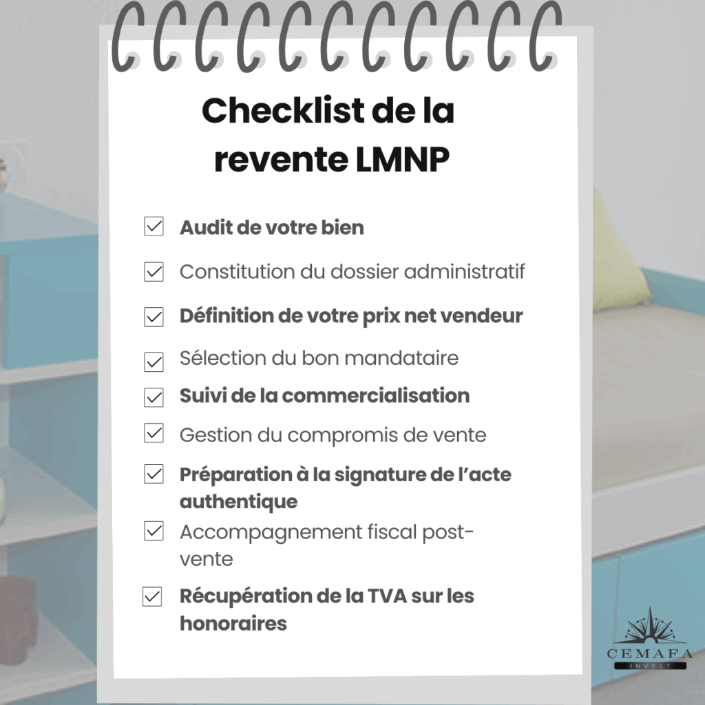 Checklist de la revente LMNP, comprenant les 9 étapes de l'accompagnement Cemafa Invest